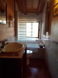 a bathroom with a sink and a toilet and a window at Casa Rural con encanto en Las Arribes Abuelo Román in Masueco