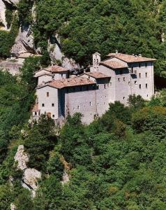 ein großes Schloss auf einem Berg mit Bäumen in der Unterkunft Appartamento il Grillo in Fossato di Vico