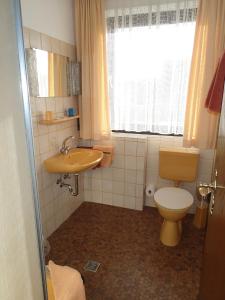 Baño pequeño con aseo y lavamanos en Hotel-Garni Pfeffermühle, en Emmerthal