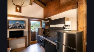 eine Küche mit einem Kühlschrank aus Edelstahl in einer Hütte in der Unterkunft Apartment Wagrainblick in Wagrain