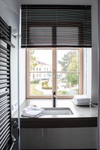 a kitchen sink in front of a window at Hotel Restaurant Joseph in Bruckneudorf