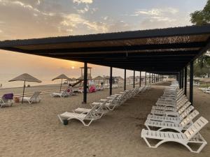 una fila de sillas y sombrillas blancas en una playa en Gözde Butik Otel Belek en Belek