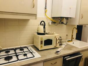 a kitchen with a stove and a microwave on a counter at Modern Classic on Kiraly in Budapest