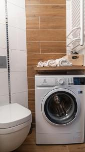 a bathroom with a washing machine and a toilet at Rose Valley Apartment in Polanica-Zdrój