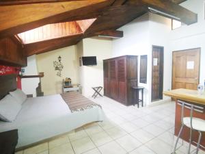 ein Schlafzimmer mit Bett und eine Küche mit Theke in der Unterkunft Terraza Suites - Adults Only in San Cristóbal de las Casas