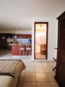 Zimmer mit einem Bett und einer Küche mit einer Theke in der Unterkunft Terraza Suites - Adults Only in San Cristóbal de las Casas