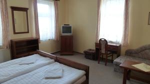 a bedroom with a bed and a desk and a tv at Penzion Holiday in Mariánské Lázně
