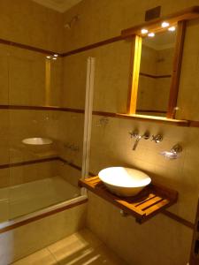 uma casa de banho com um lavatório, um chuveiro e um espelho. em Infinito Sur em El Chaltén