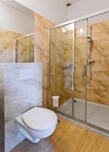 ein Bad mit einem WC und einer Dusche in der Unterkunft Olkuska 107 A in Gdynia