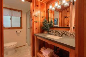 a bathroom with a sink and a toilet and a mirror at 57 The Williams Cabin in Wawona