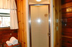 une douche avec une porte vitrée dans une salle de bain dans l'établissement 35 Cubbys Den, à Wawona 14 autres photos
