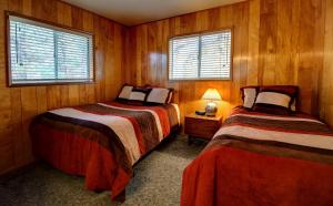 two beds in a room with wooden walls and windows at 17A Longview in Wawona