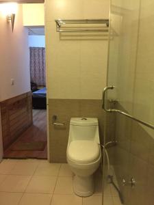 a bathroom with a toilet and a glass shower door at Joule's Cottage, Independent Cottage in Barog