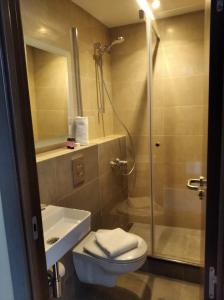 
a bathroom with a toilet and a shower stall at Pension Ciudadela in Barcelona
