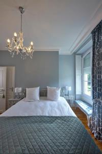 une chambre avec un grand lit et un lustre dans l'établissement Chateau Vary, à Jarzé