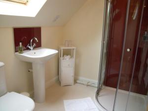 
a bathroom with a shower, sink, and toilet at Beechwood Cottage B&B in Glencoe
