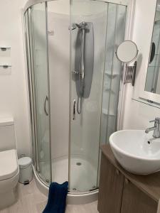 La salle de bains est pourvue d'une douche et d'un lavabo. dans l'établissement Loxley's Devon Lodge, à Brixham