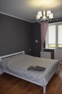 a bedroom with a bed and a chandelier at Apartment on Getmana Vigovskogo 49 in Rivne