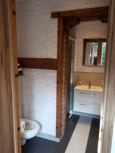 a bathroom with a sink and a toilet and a mirror at Pokój SERCE KRYNICY in Krynica Morska