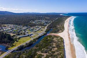 an aerial view of the beach and ocean at The Surfside Beaumaris in Scamander