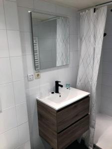 a bathroom with a sink and a mirror at Hotel-Brasserie De Walvisvaarder in Hollum