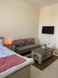 a living room with a couch and a tv at Furnished studio in Al Hamra village with Lagoon view in RAK in Ras al Khaimah