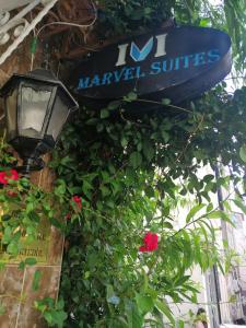 a street light with a sign and red flowers at Marvel Suites in Istanbul