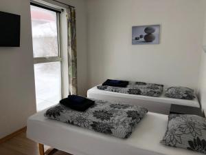 two beds in a room with a window at Country Hotel Heydalur in Látur