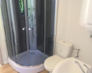 a bathroom with a shower and a toilet at Mobile House in Liptovský Trnovec