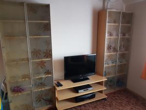 ein Unterhaltungszentrum mit einem Fernseher auf einem Regal in der Unterkunft Apartment Příbram in Příbram