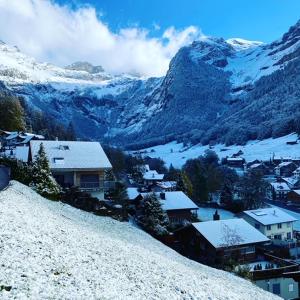 uma cidade numa colina nevada com montanhas cobertas de neve em Luxury family apartment Engelberg em Engelberg