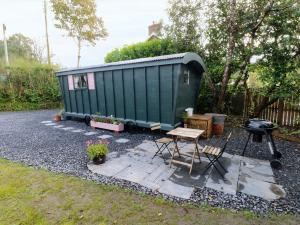 a green shed with a picnic table and a grill at Hazel Nook in Narberth