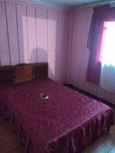 a room with a bed with a purple blanket on it at Casa chácara in Cará-Cará