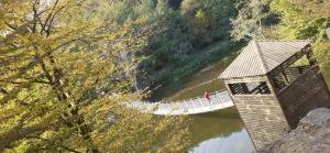 a suspension bridge over a river with people on it at chez pépé Victor in Bouillon