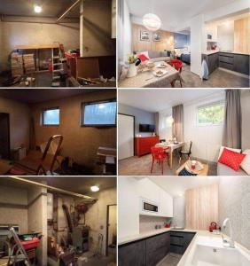 four different pictures of a kitchen and a living room at Studio Kotelna in Rudník