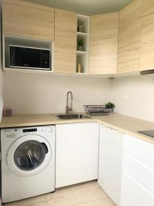 een keuken met een wasmachine en een wastafel bij Chaleureux Studio 30m2 - Au pied de la Gare - PARKING in Cergy