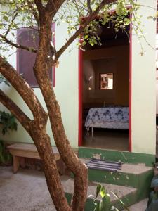 a tree in front of a room with a bed at Casa Repousar in Lençóis