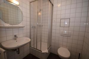 a bathroom with a shower and a sink and a toilet at Gästehaus Bavaria in Regensburg +50 photos