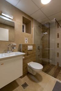 ein Bad mit einem WC, einem Waschbecken und einer Dusche in der Unterkunft KUKUZEL APARTMENTS in Ohrid