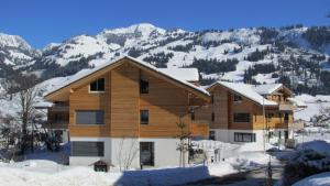 a house in the snow with mountains in the background at Apartment Kohlmeise in Zweisimmen
