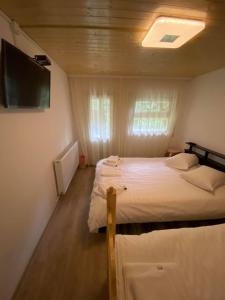 a bedroom with two beds and a flat screen tv at CABANA MARIA-PETRIMANU in Ciungetu +26 photos