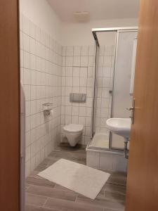 ein Bad mit einem WC und einem Waschbecken in der Unterkunft Jena Paradies in Jena