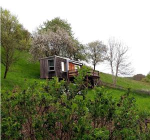 a small cabin on a hill in a field at Tiny House mit Klima und Heizung, in idyllischer Ortsrandlage in Iba