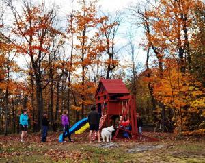 un grupo de personas y un perro en un patio de recreo en Sunny Point Resort Ltd. en Otter Lake