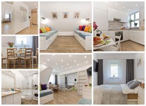 een collage van foto's van een keuken en een woonkamer bij Apartament Centrum 3 in Toruń