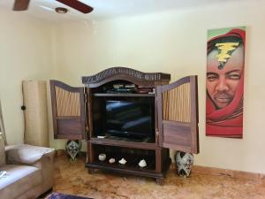a living room with a tv and a couch at Luxury Villa steps to the beach & 5ta av, AMAZING in Playa del Carmen