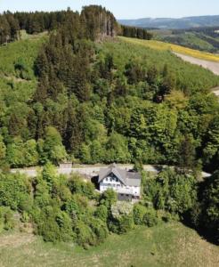 an aerial view of a house in the middle of a forest at Ferienwohnungen Eismecke in Bestwig