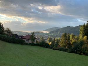 a grassy hill with a city in the distance at Haus Gruber in Feldkirchen in Kärnten