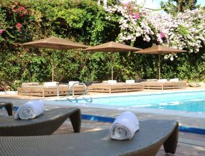 a swimming pool with lounge chairs and umbrellas at Congo Palace in Athens