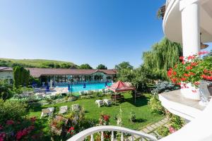 SînpetruHotel Bielmann的从房子的阳台上可欣赏到游泳池的景色